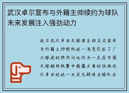 武汉卓尔宣布与外籍主帅续约为球队未来发展注入强劲动力