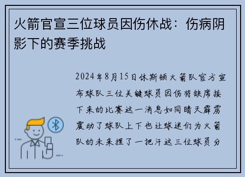 火箭官宣三位球员因伤休战：伤病阴影下的赛季挑战