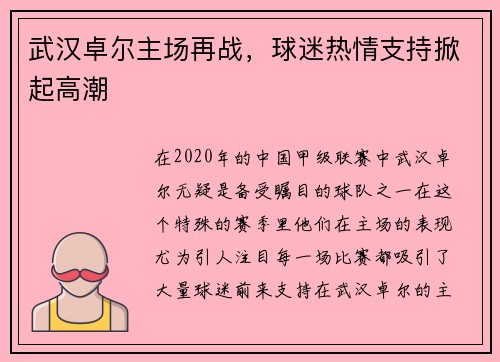 武汉卓尔主场再战，球迷热情支持掀起高潮