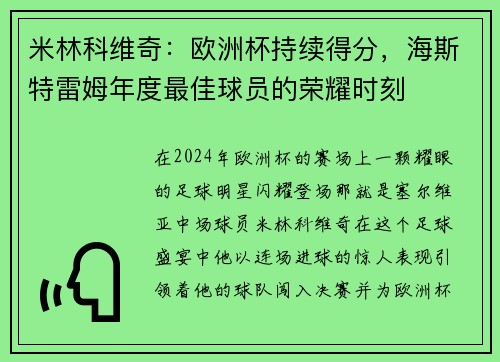 米林科维奇：欧洲杯持续得分，海斯特雷姆年度最佳球员的荣耀时刻
