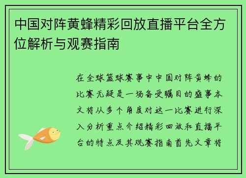 中国对阵黄蜂精彩回放直播平台全方位解析与观赛指南